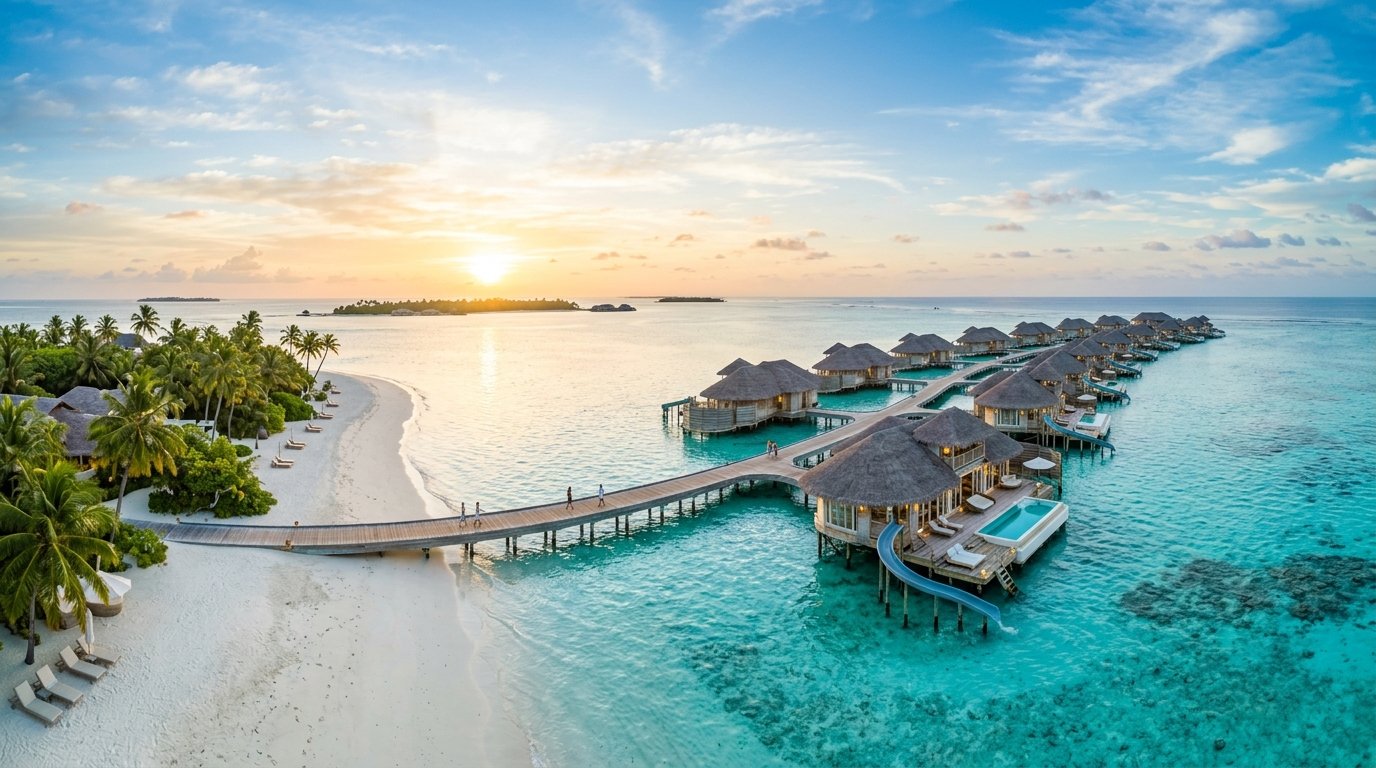 Tropical beach and luxury island resort with overwater villas and crystal turquoise lagoon